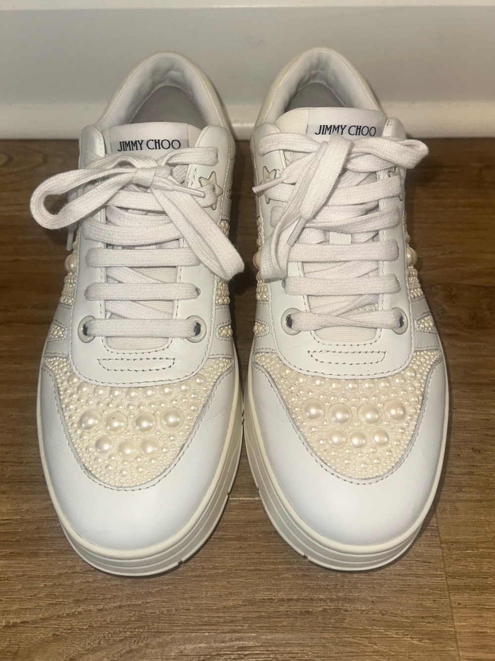 Jimmy Choo White Pearl-Embellished Leather Sneakers - Picture 5 of 11